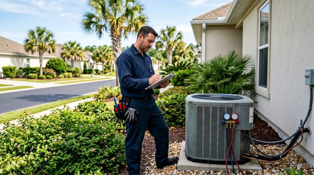 HVAC technician writing AC repair estimate on clipboard at a Myrtle Beach SC home