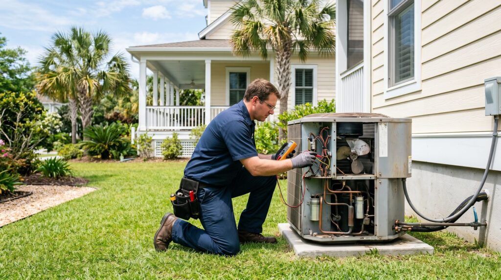 HVAC technician inspecting an outdoor air conditioning unit at a coastal South Carolina home in spring
