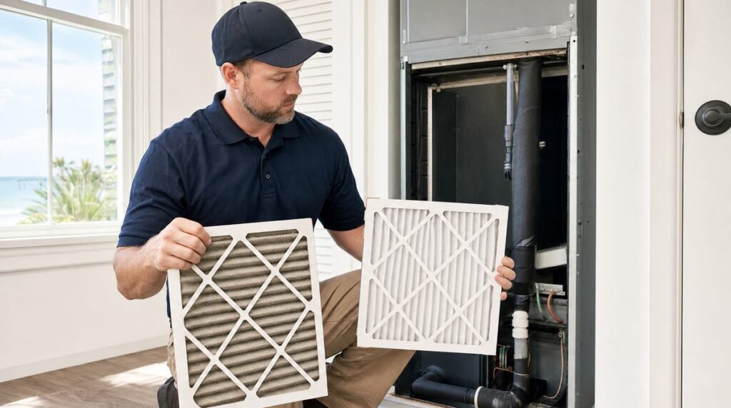 HVAC technician comparing a dirty used air filter with a clean replacement filter during AC maintenance service in a coastal South Carolina home